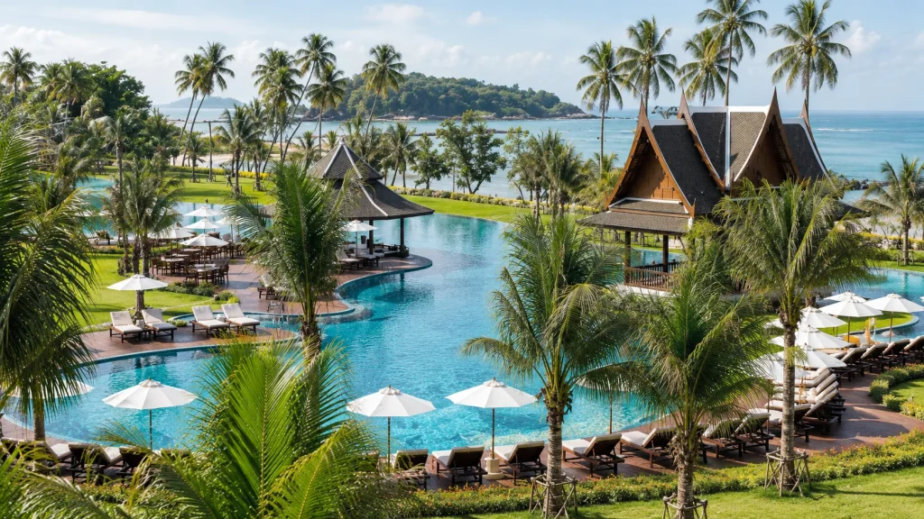 Family-friendly Thailand beach resort with a lagoon pool, palms and a Thai pavilion beside the sea