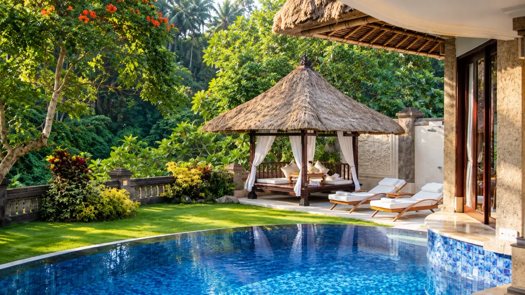 Private plunge pool, thatched gazebo and loungers at a Bali eco resort villa surrounded by jungle
