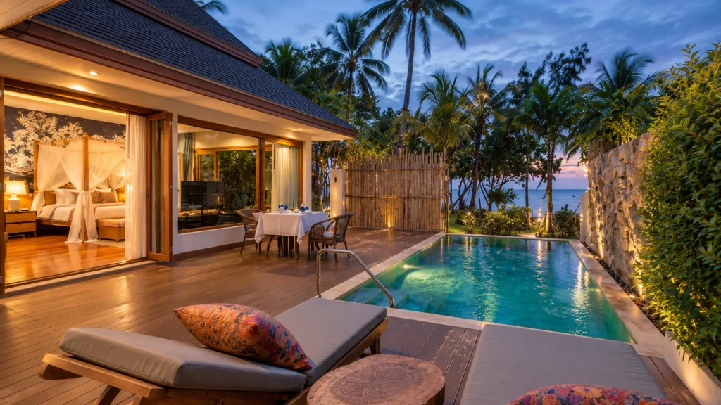 Private pool villa at twilight with an open bedroom and sea view, a quiet Thailand family resort stay