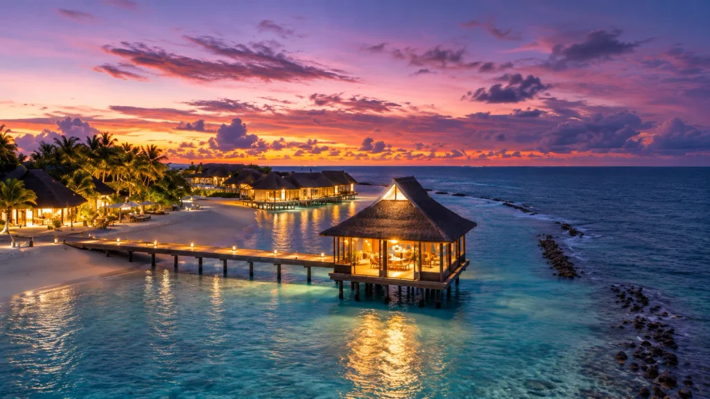 Lantern-lit jetty leading to an overwater restaurant at a Maldives resort at sunset